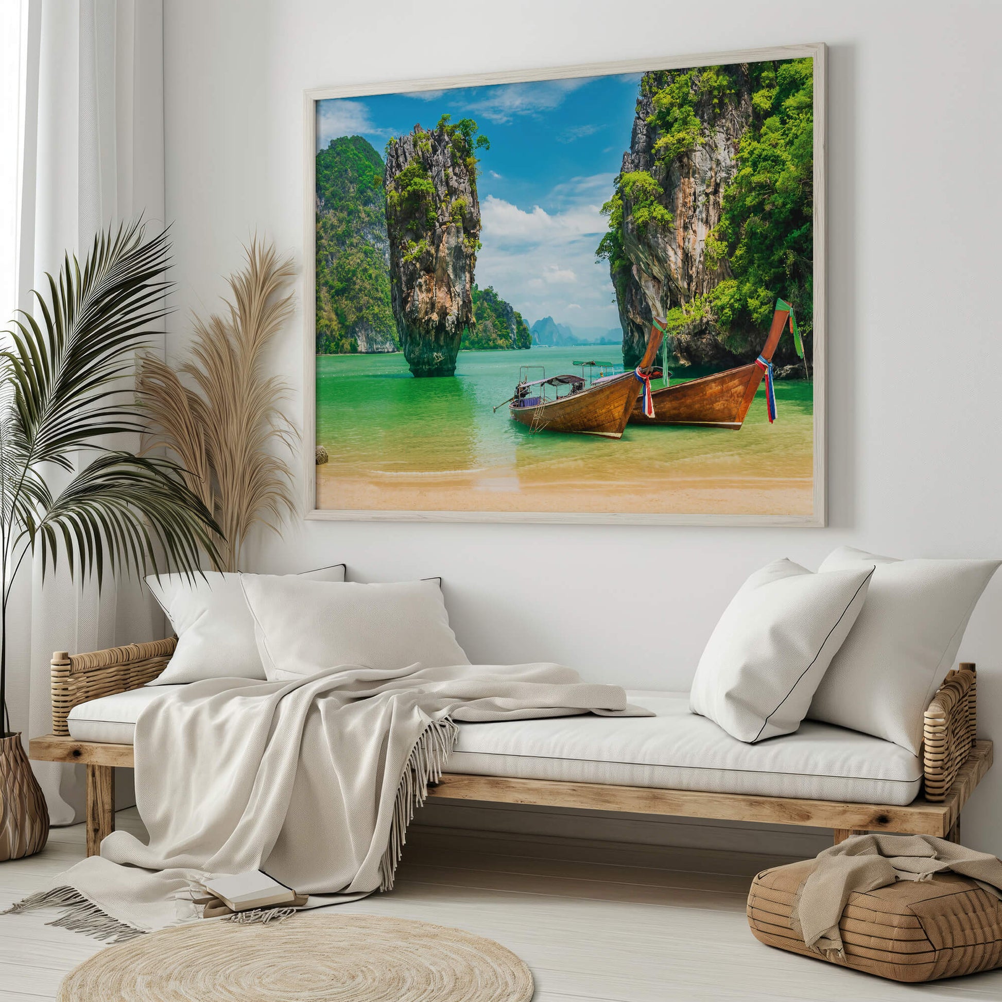 The framed Thai Longtail Boat print styled in a serene living room, adding a tropical touch.