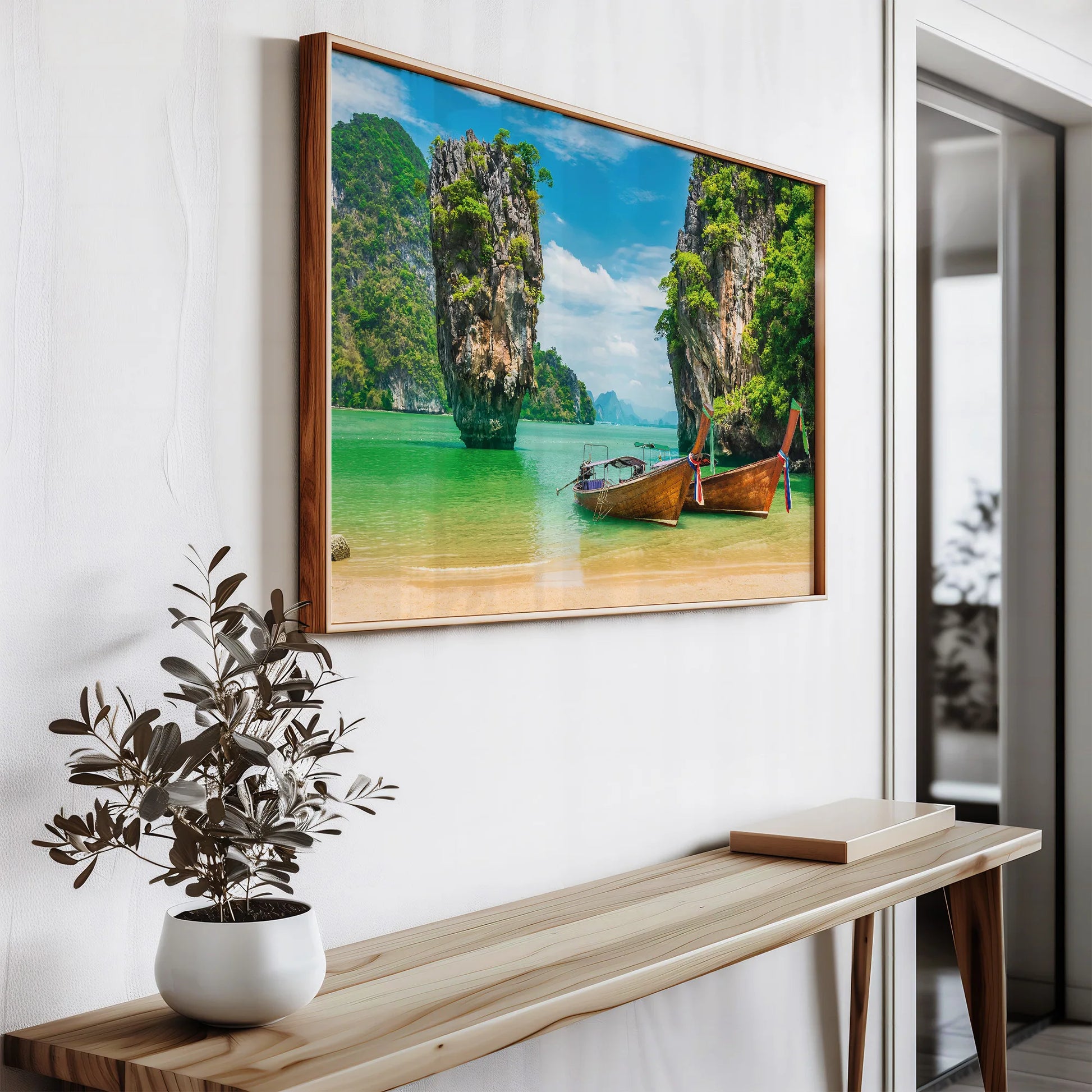 A close-up of the framed Thai Longtail boat print, showcasing vibrant colors and intricate details.