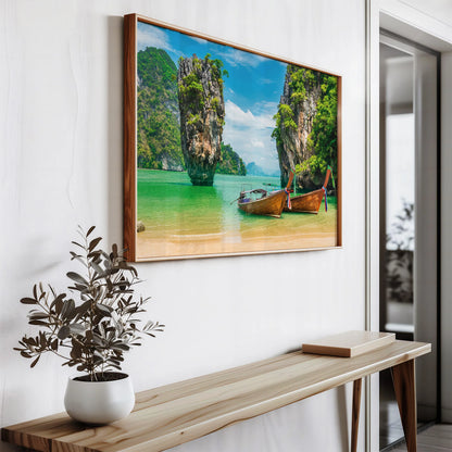 A close-up of the framed Thai Longtail boat print, showcasing vibrant colors and intricate details.