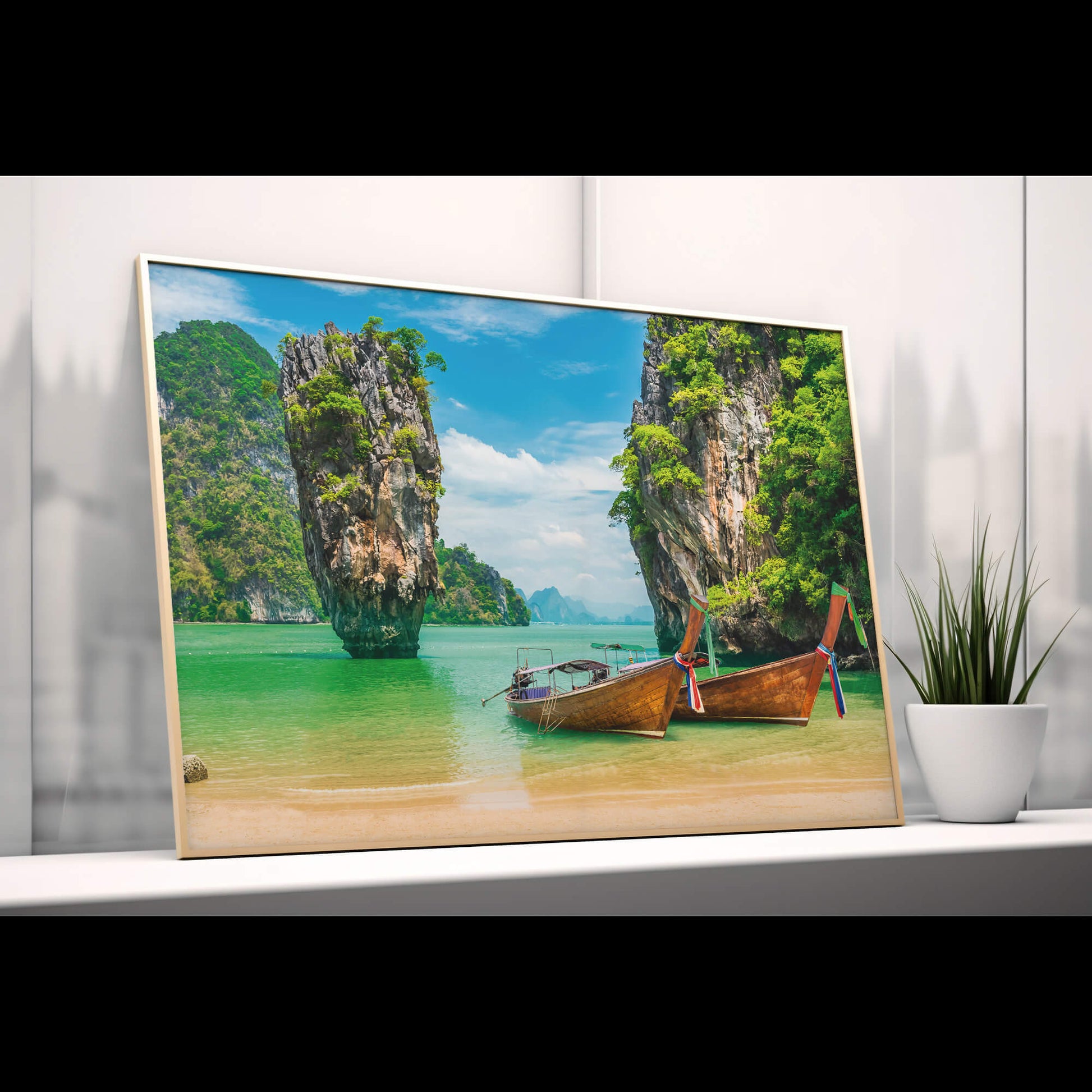 The Thai Longtail Boat art print leaning against a wall, ready to be displayed.