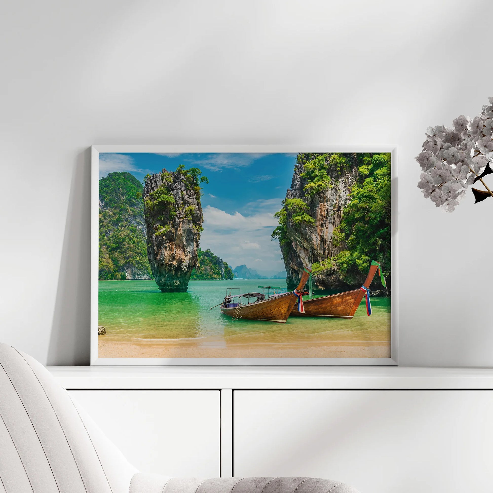 A modern home setting with the Thai Longtail Boat print, creating a sense of adventure and relaxation.