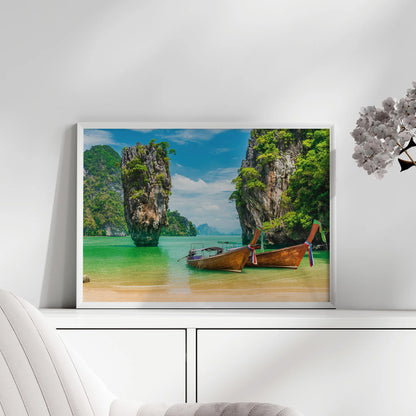 A modern home setting with the Thai Longtail Boat print, creating a sense of adventure and relaxation.