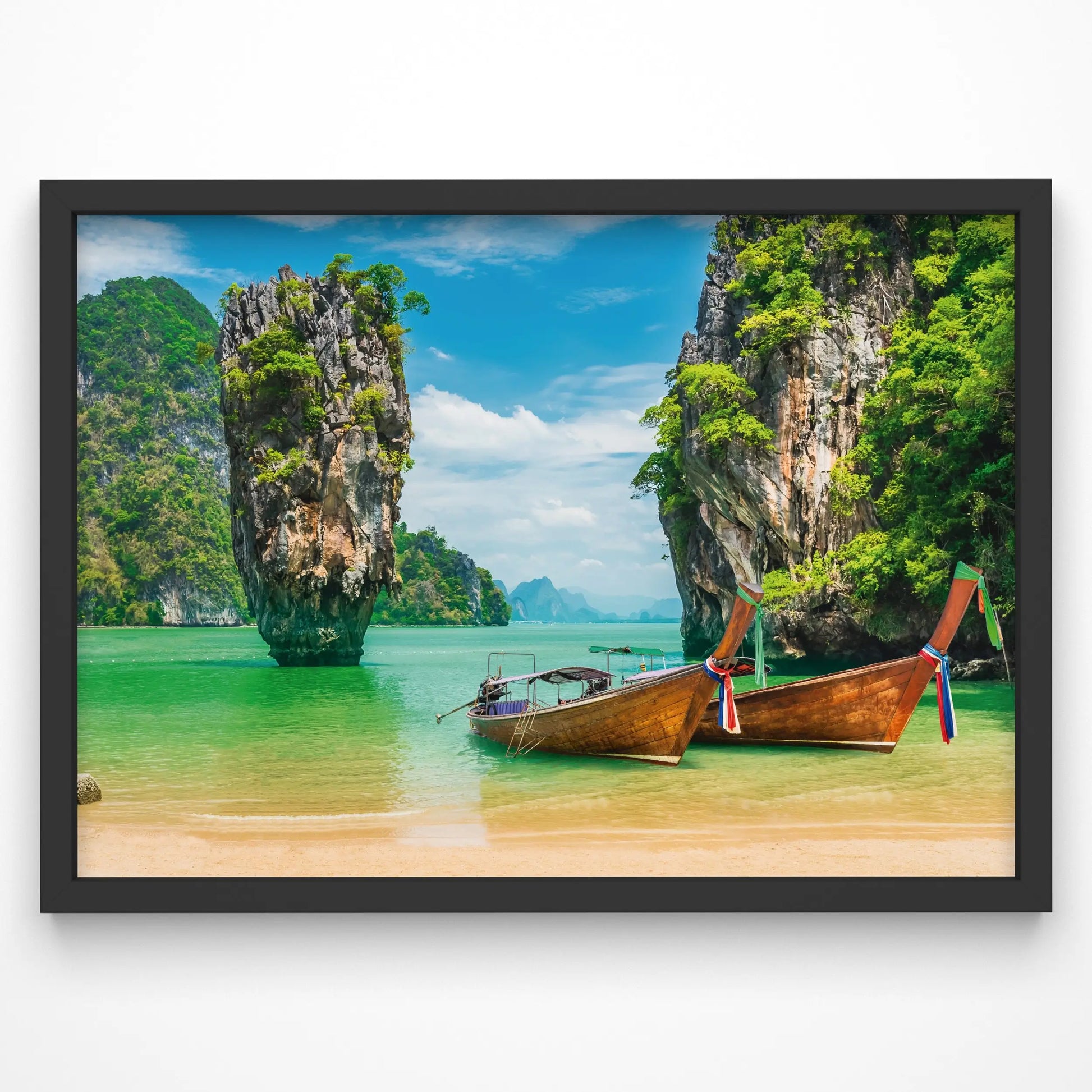 A stunning wall art print featuring traditional Thai longtail boats resting on a turquoise shore, with limestone cliffs in the background.