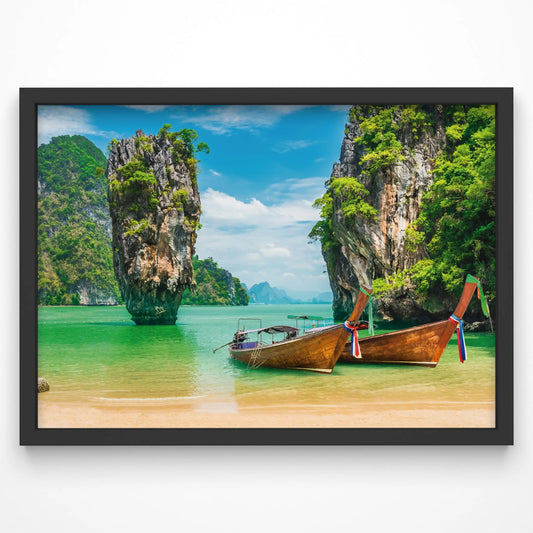 A stunning wall art print featuring traditional Thai longtail boats resting on a turquoise shore, with limestone cliffs in the background.