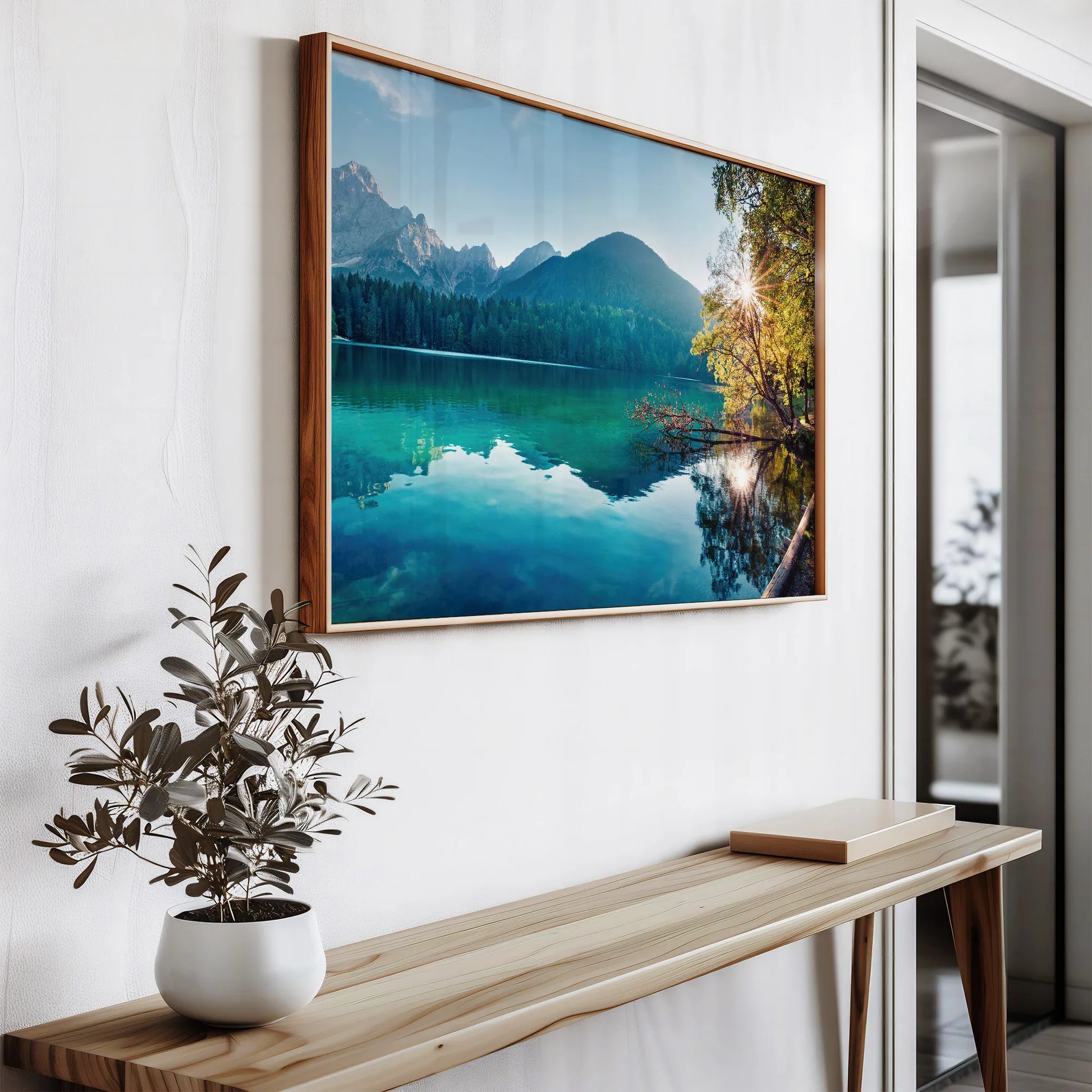 A close-up of the framed Tranquil Lake print, highlighting its vibrant colours and sharp details.