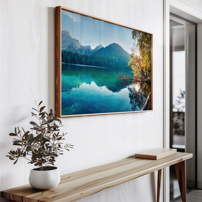 A close-up of the framed Tranquil Lake print, highlighting its vibrant colours and sharp details.