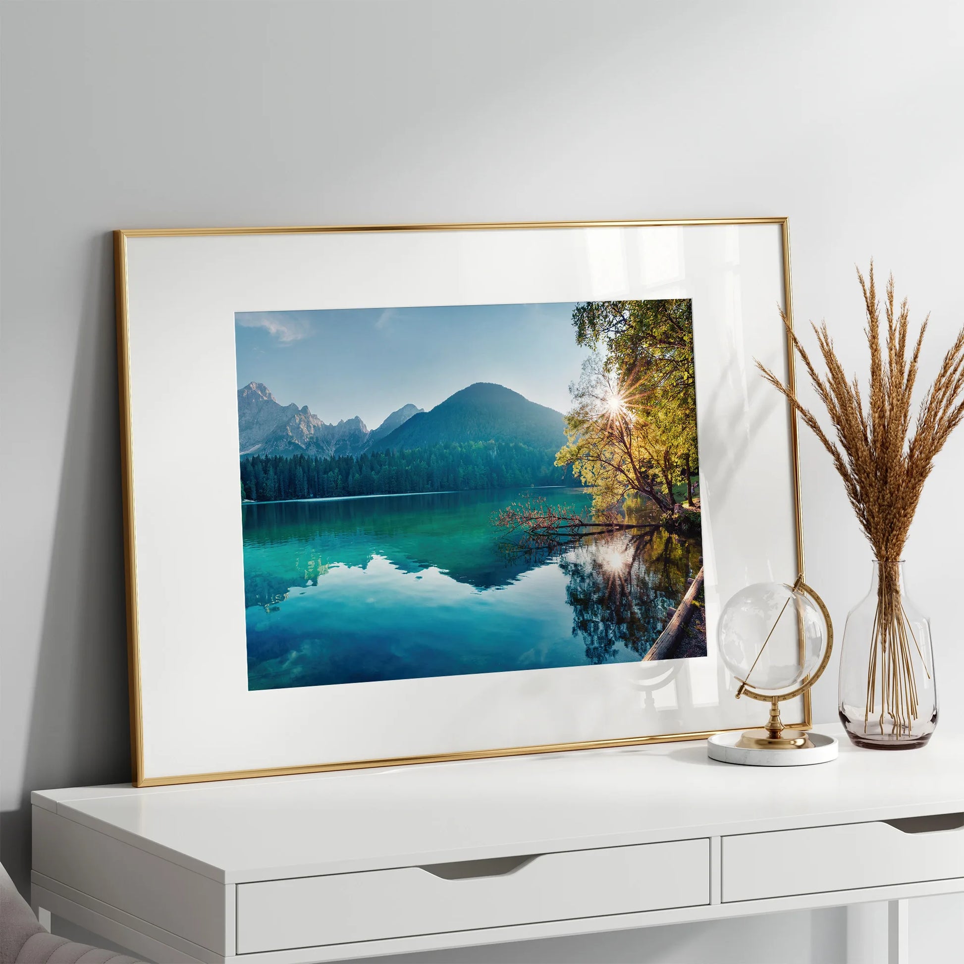The Tranquil Lake print displayed in an elegant living space, adding a touch of nature.