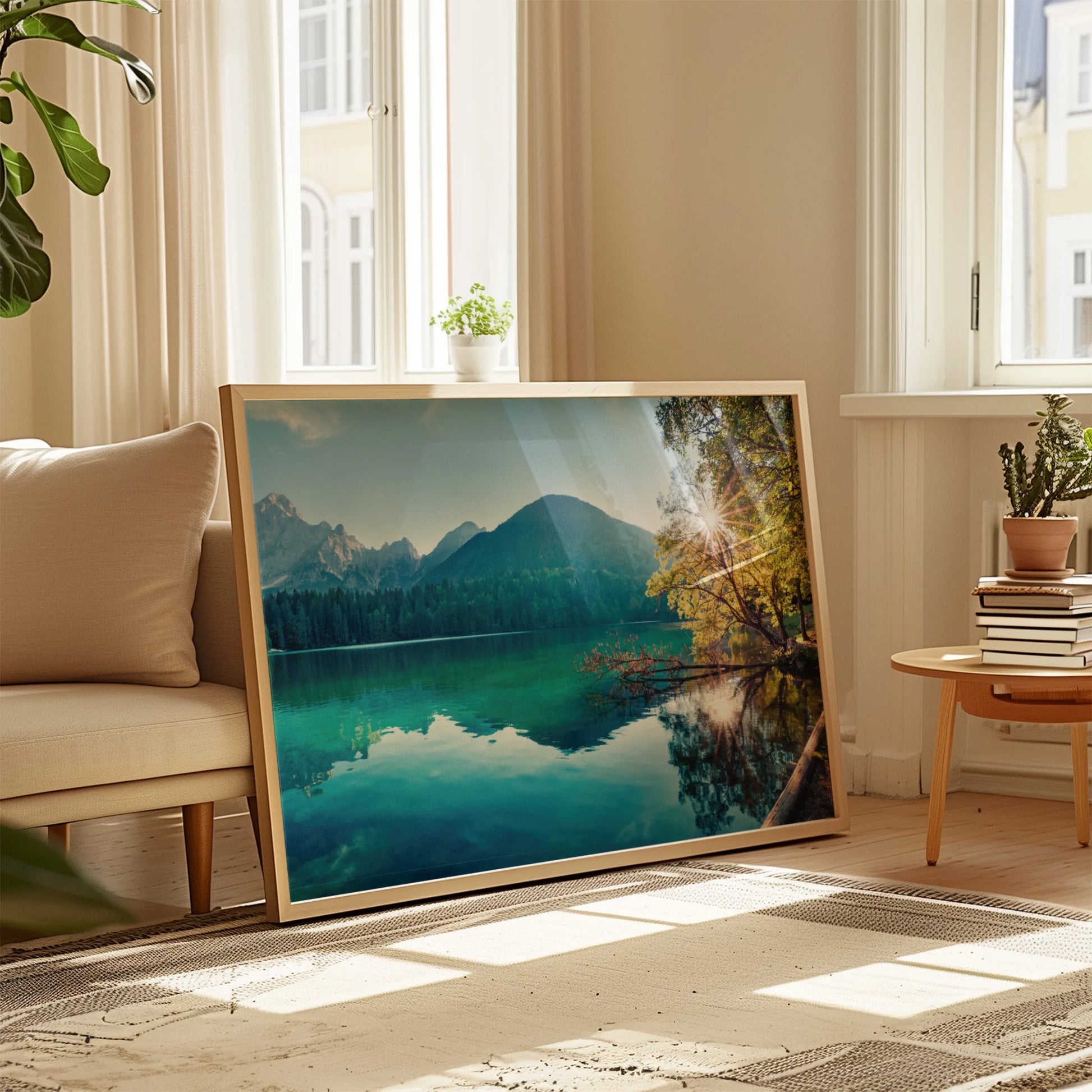 A modern decor setting with the Tranquil Lake print as a focal point.