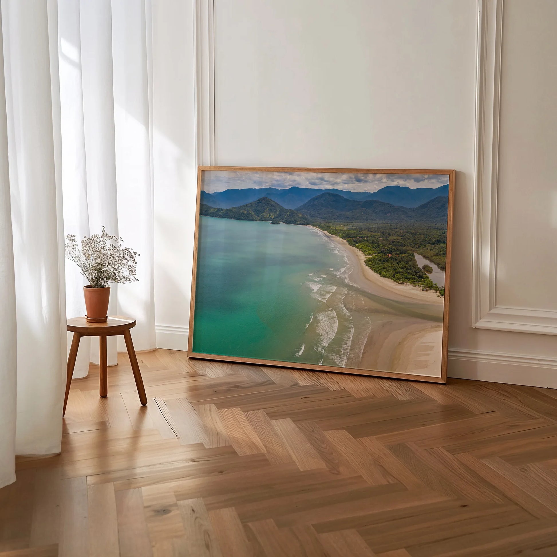 A close-up of the Tropical Beach Print, showcasing intricate details and vibrant colors in a sleek wooden frame.