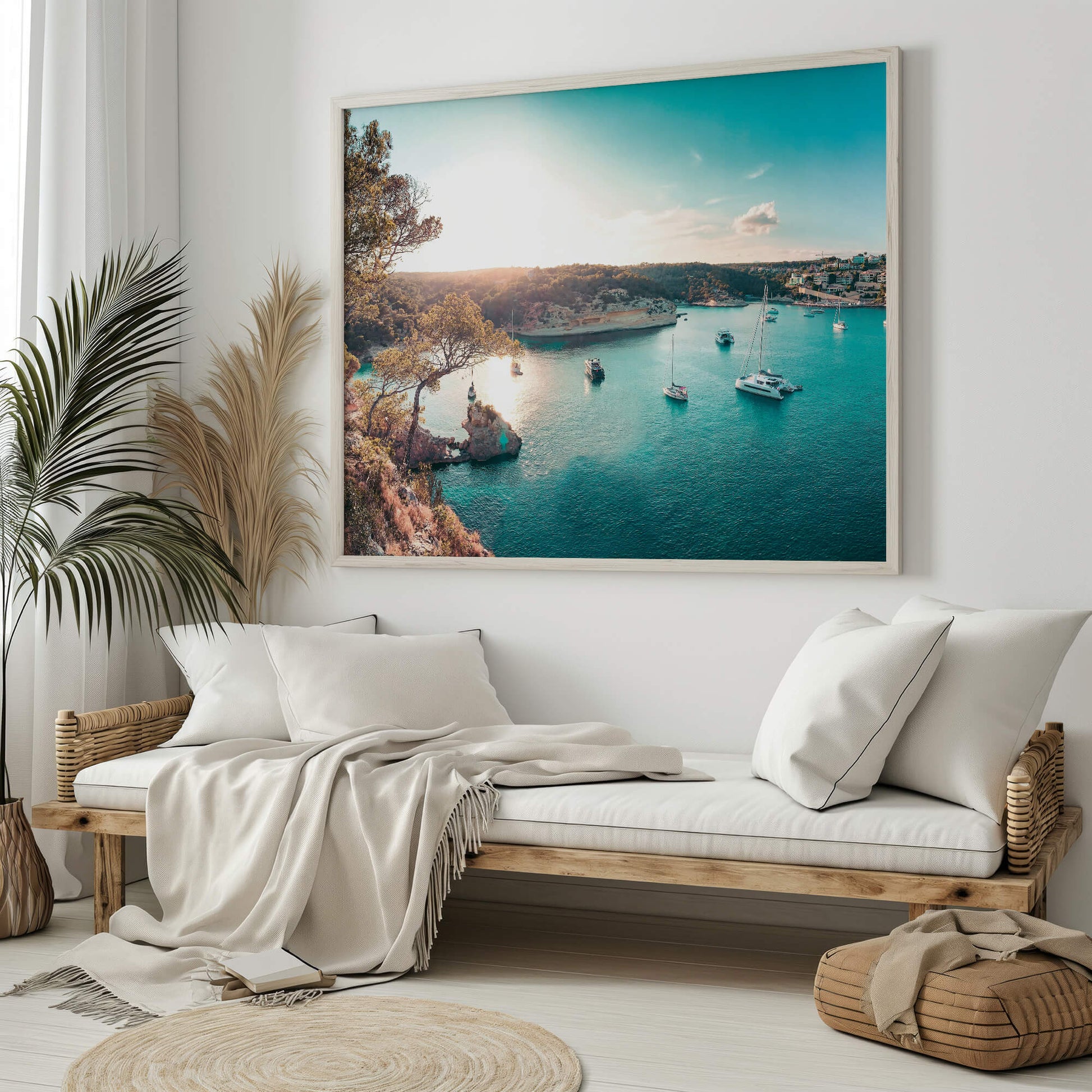 The Yacht Bay Print displayed in an elegant living room with natural tones, a wooden bench, and soft textiles, creating a relaxing atmosphere.