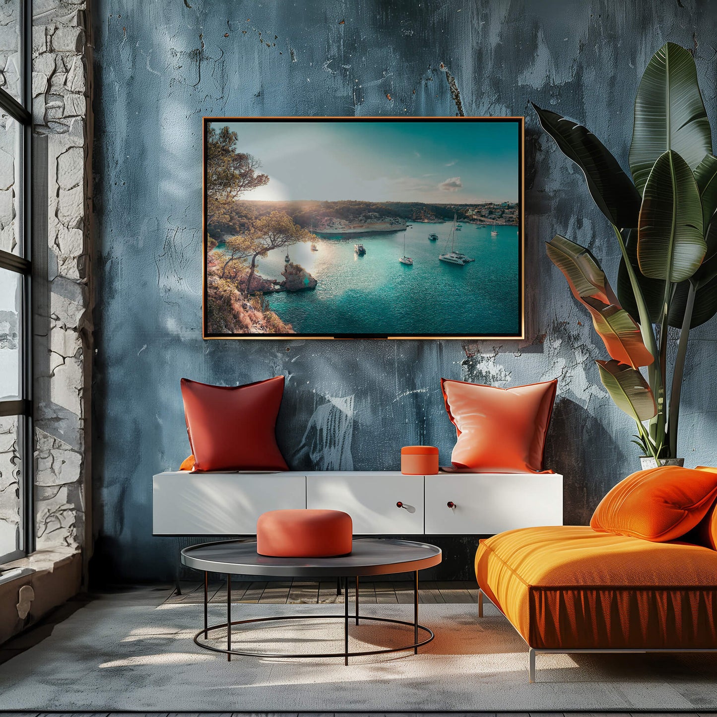 A modern interior featuring the Yacht Bay Print as a focal point, contrasted against a deep blue accent wall with bold orange decor.