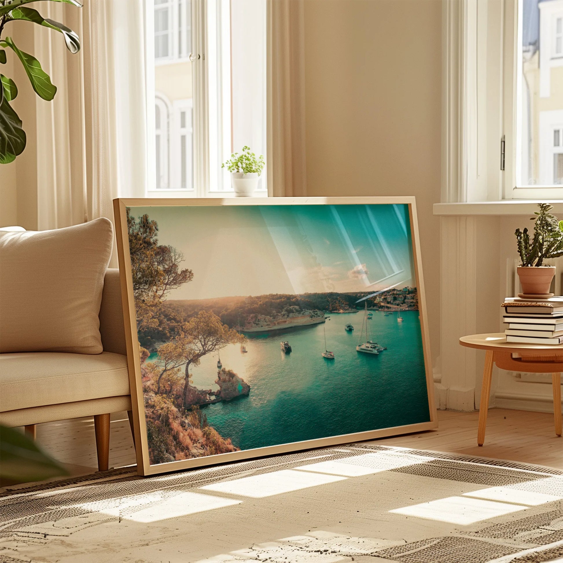 A stylishly framed Yacht Bay Print hanging on a wall above a wooden console, adding a touch of coastal charm to the space.