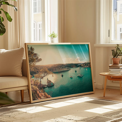 A stylishly framed Yacht Bay Print hanging on a wall above a wooden console, adding a touch of coastal charm to the space.