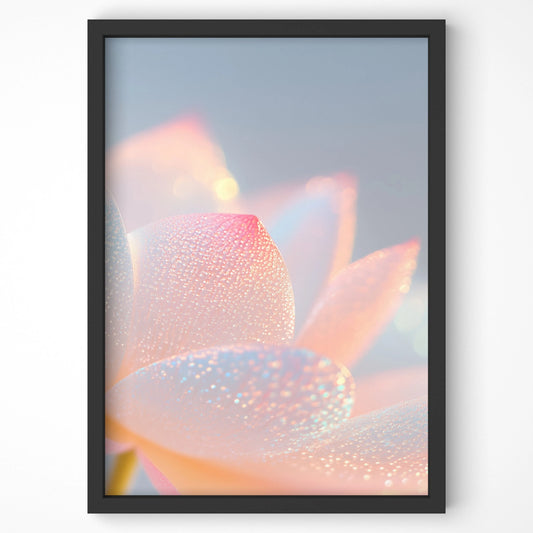 Pastel lotus flower wall art print with shimmering dewdrops, framed in black. A dreamy botanical print for home decor and modern interiors.