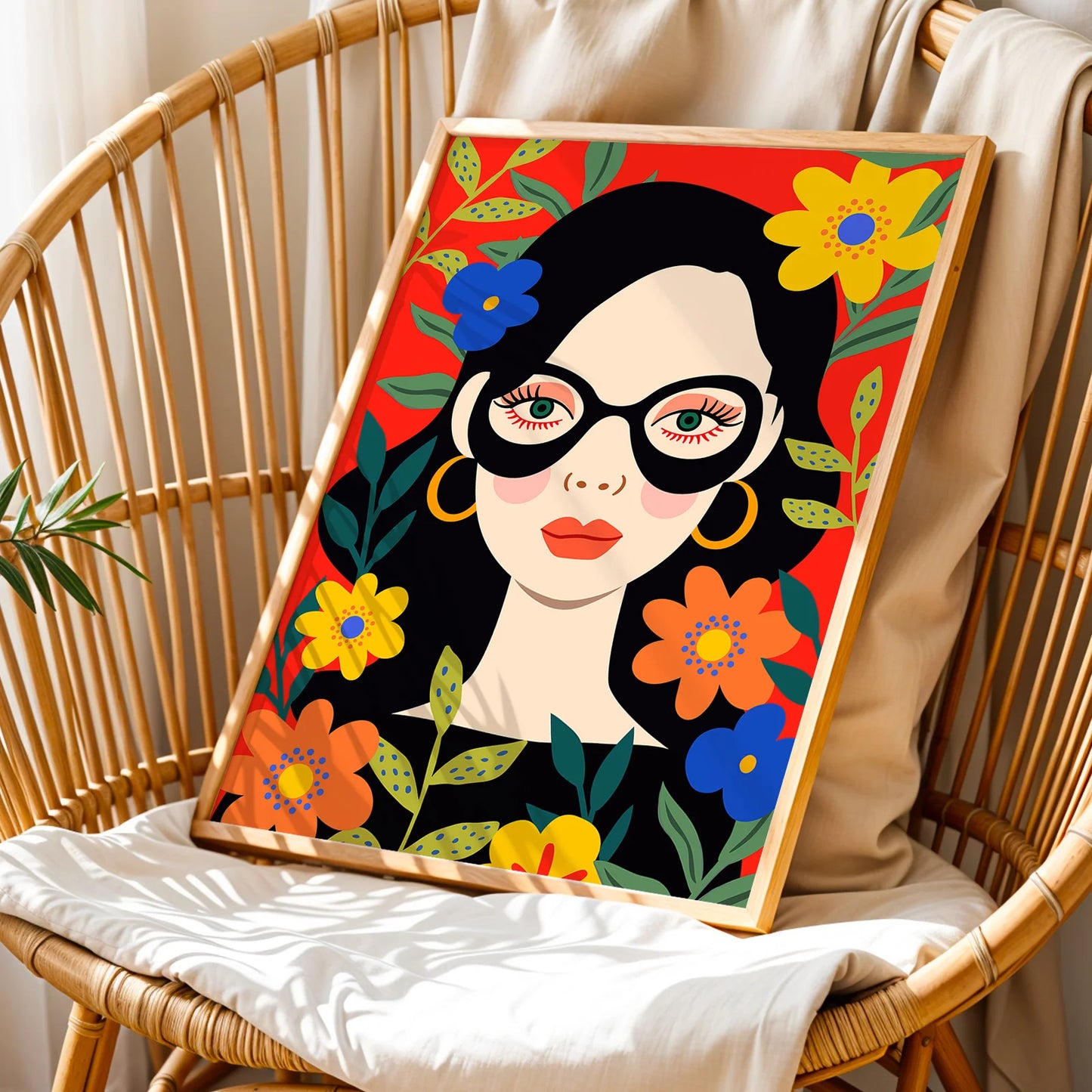 Colorful pop art portrait with graphic floral elements.
