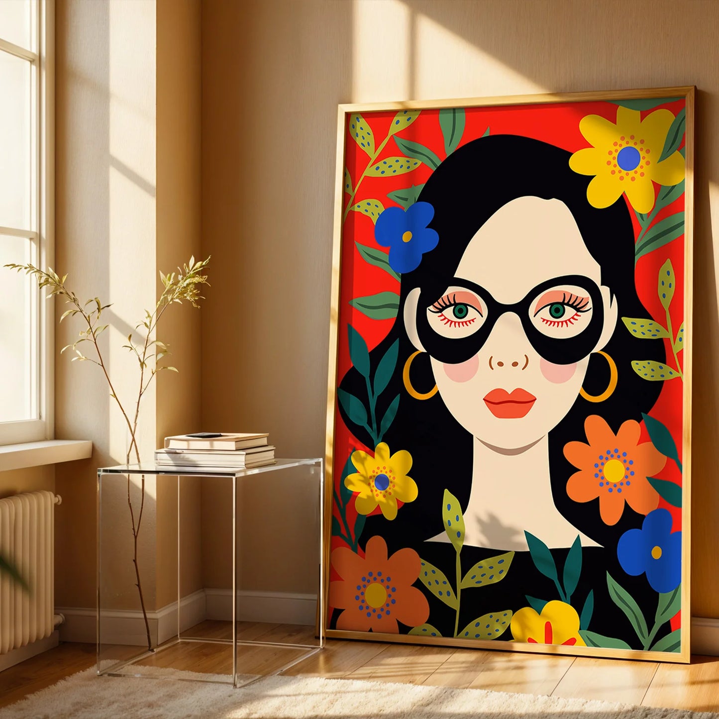 Stylized pop art woman with oversized glasses and flowers.
