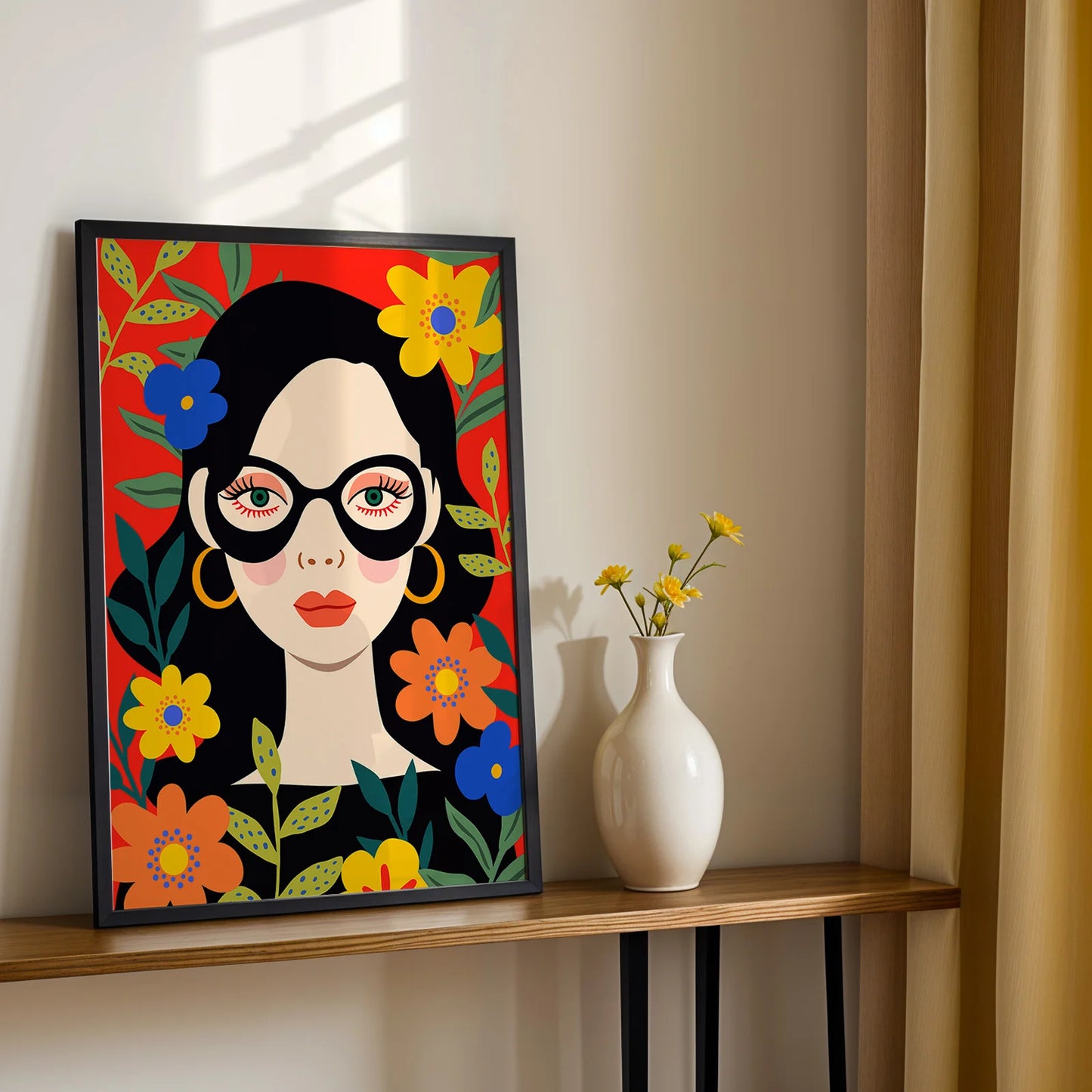 Contemporary pop art portrait with botanical motifs.
