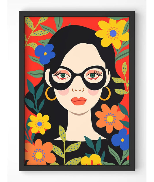 Vibrant pop art portrait with floral accents print.
