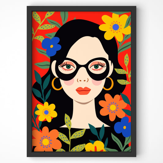 Vibrant pop art portrait with floral accents print.

