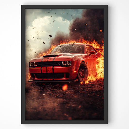 Black framed print of a Dodge Challenger car in close up.