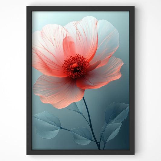 Red hibiscus flower wall art print with intricate petals and soft blue-green background. A stunning botanical print for modern home decor.
