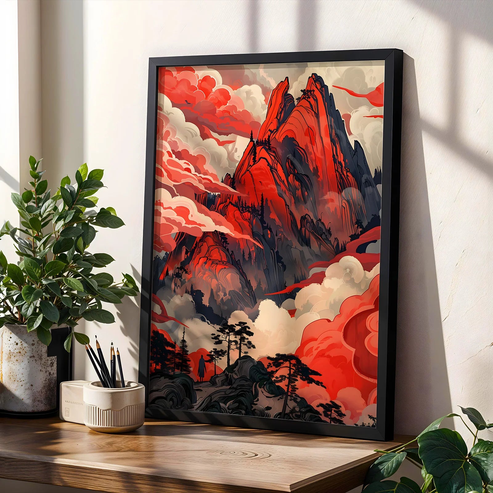 Painterly style red mountain nature print
