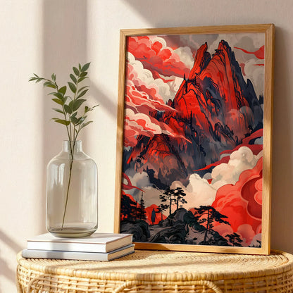 Energetic nature print with a fiery red peak