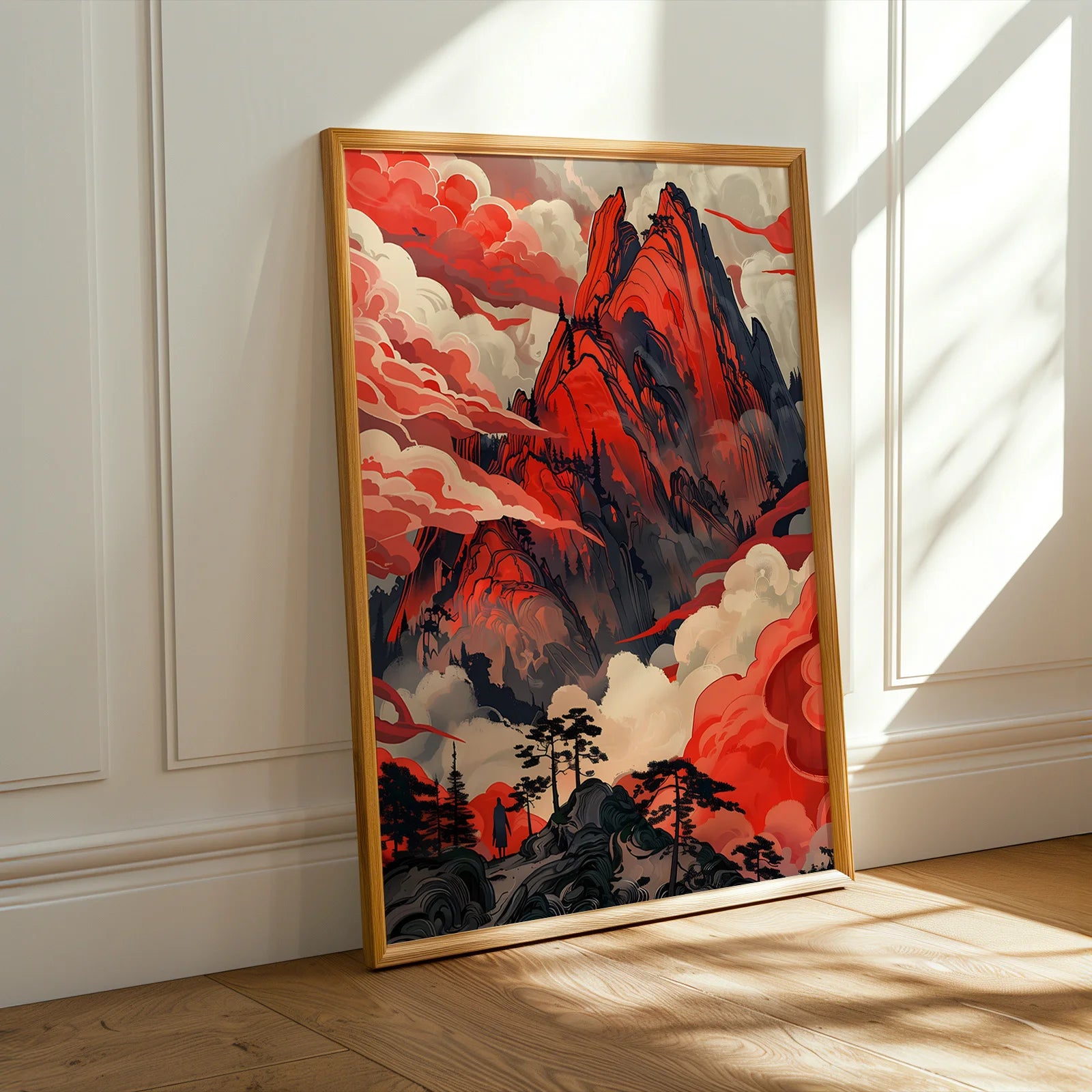 Illustrative landscape art print of a red mountain