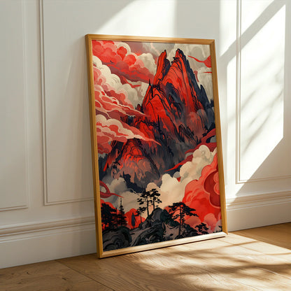 Illustrative landscape art print of a red mountain