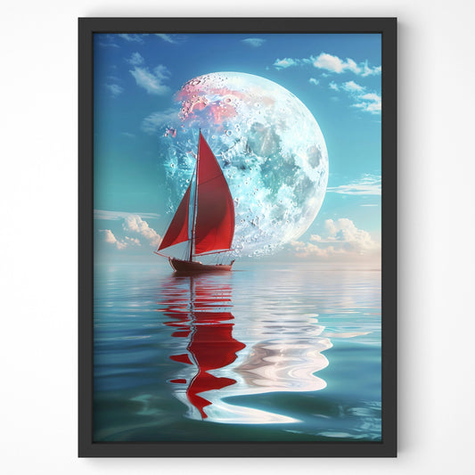 Red and blue toned landscape print showing a sailboat and a massive moon.
