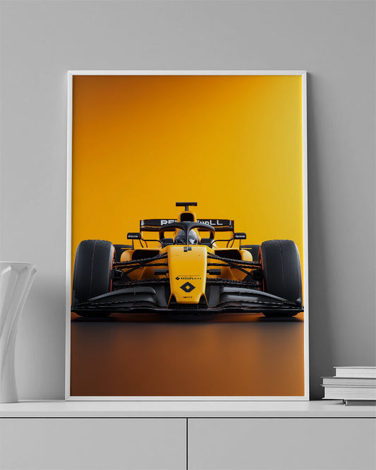 Renault F1 wall art featuring a Formula 1 racing car in bold yellow on a dynamic background.