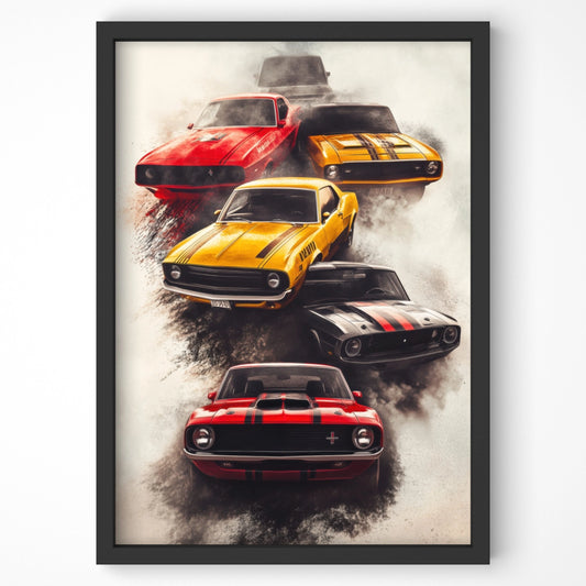 Classic Muscle Cars Wall Art – Vintage American Car Print Black Framed On Wall