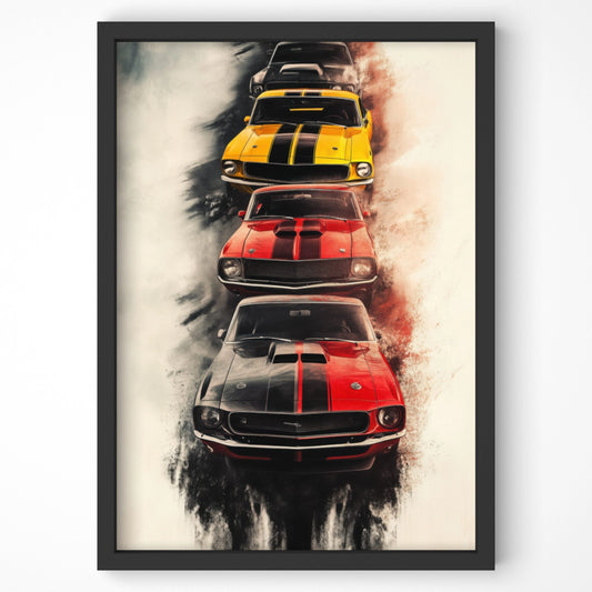 Retro Muscle Cars Wall Art – Classic American Car Print Framed in Black