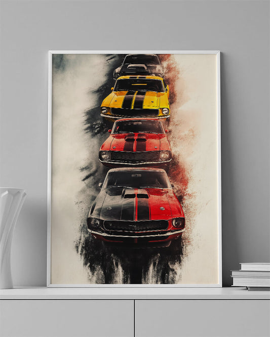 Retro muscle cars wall art featuring classic American muscle cars in motion.