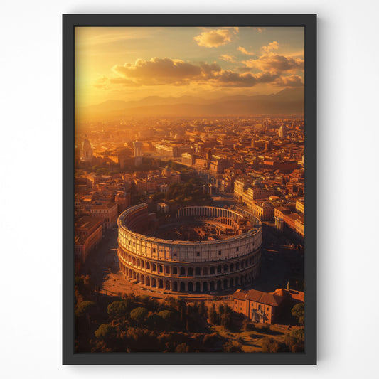 Sunlit aerial view of Rome’s Colosseum, premium travel wall art by Artspot Ireland.