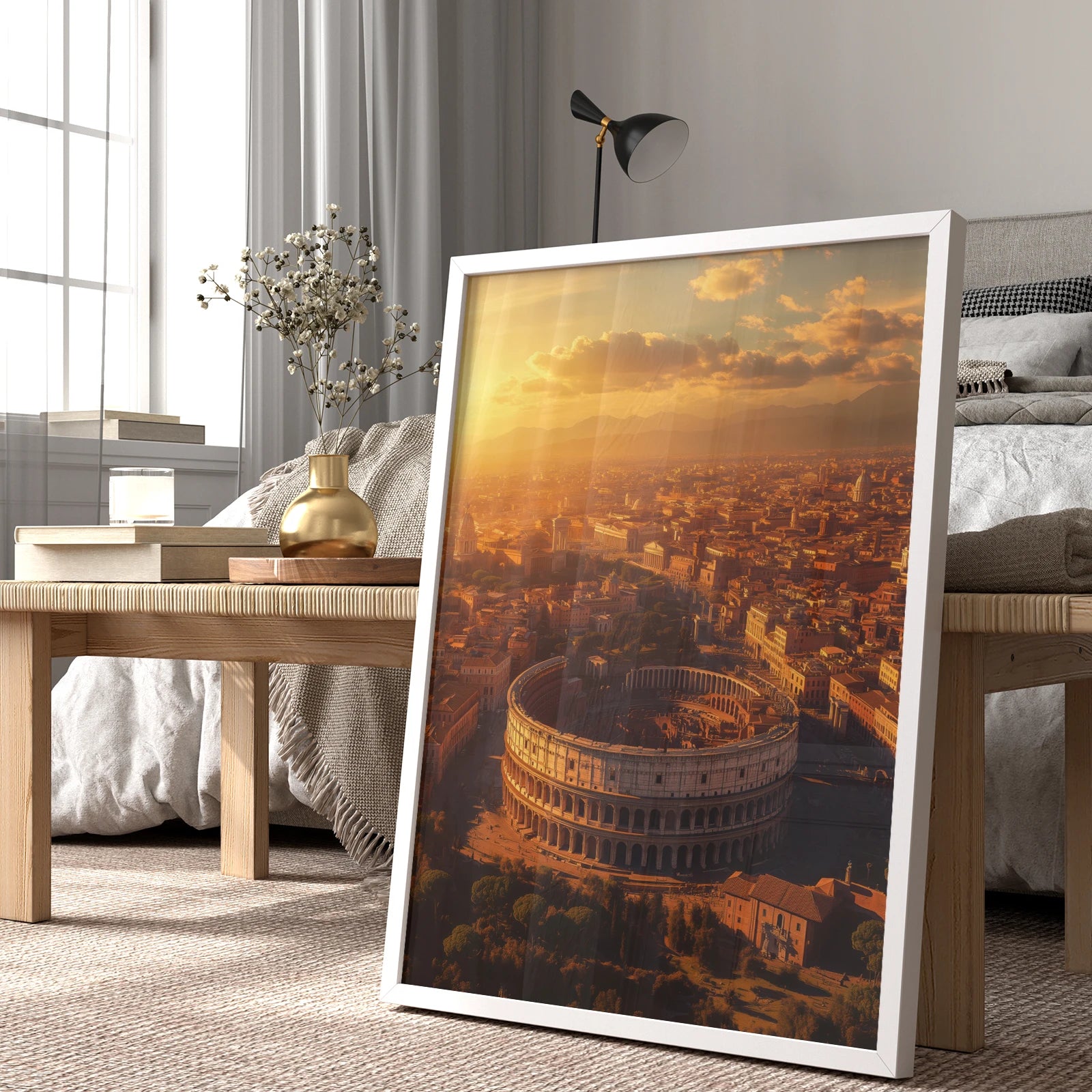 Framed Colosseum print in a warm golden sunset, perfect for travel-themed decor.