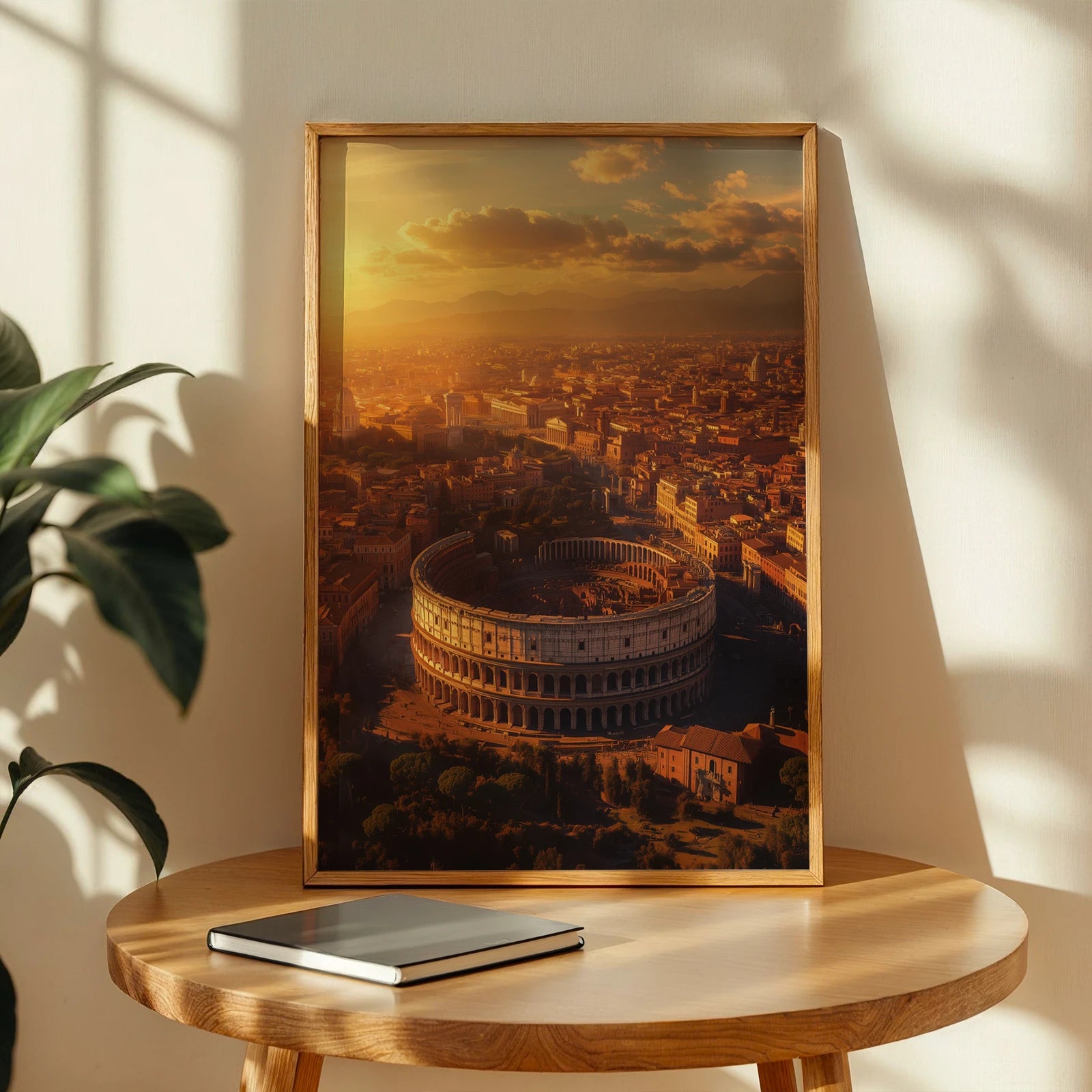 Rome’s historic skyline with the Colosseum at dusk, ideal for stylish home interiors.