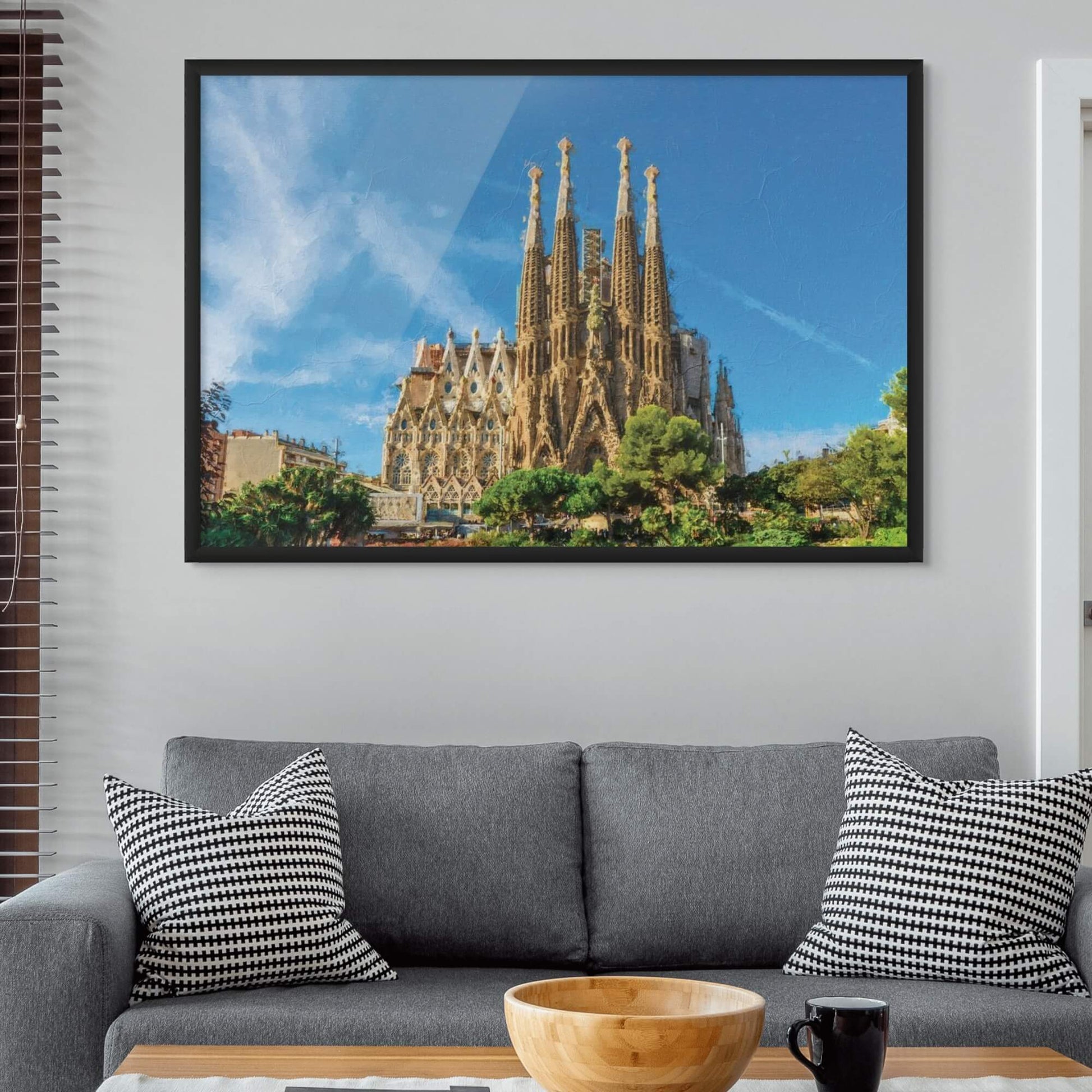 Outdoor view of Sagrada Família basilica surrounded by greenery
