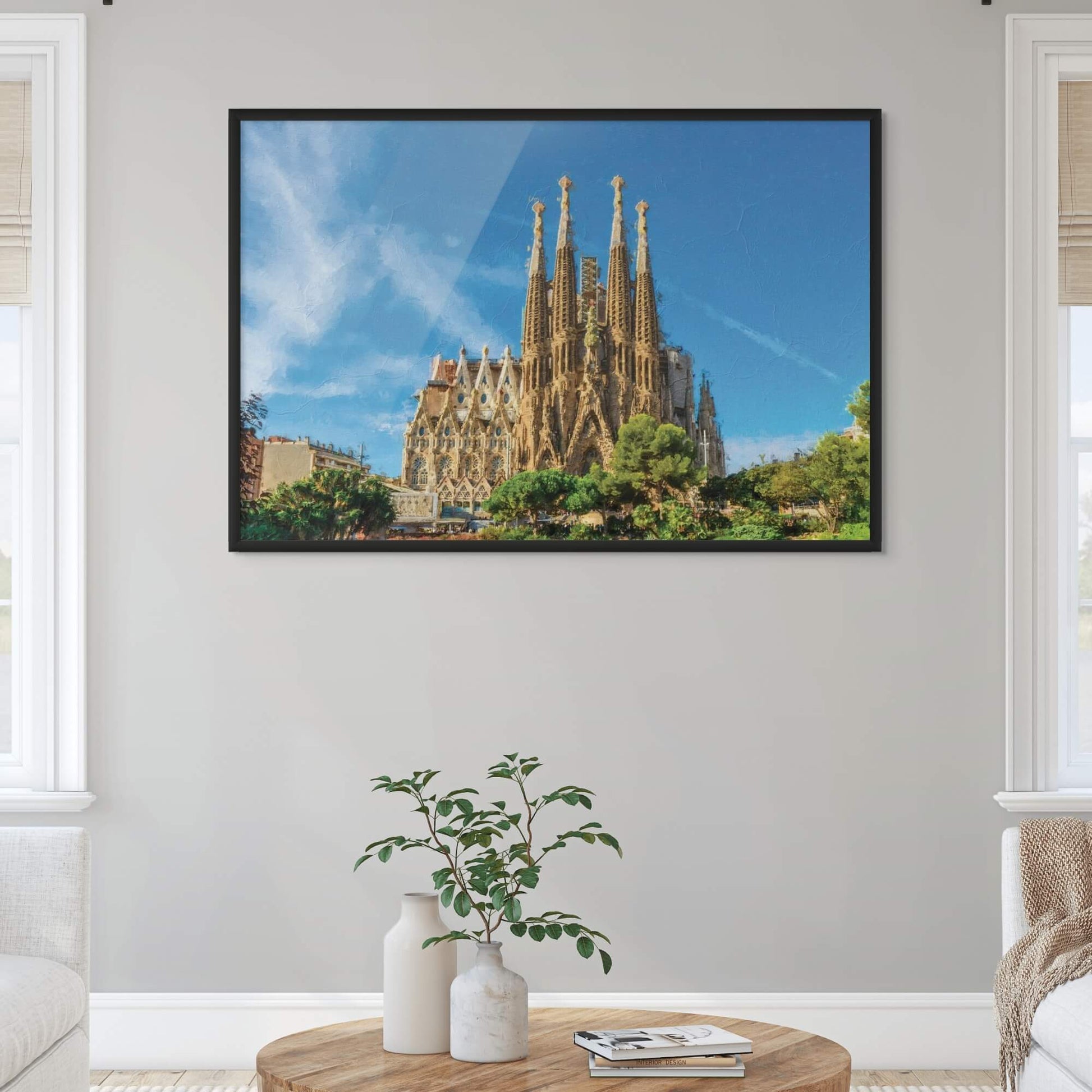Barcelona's Sagrada Família basilica art print under fluffy clouds.