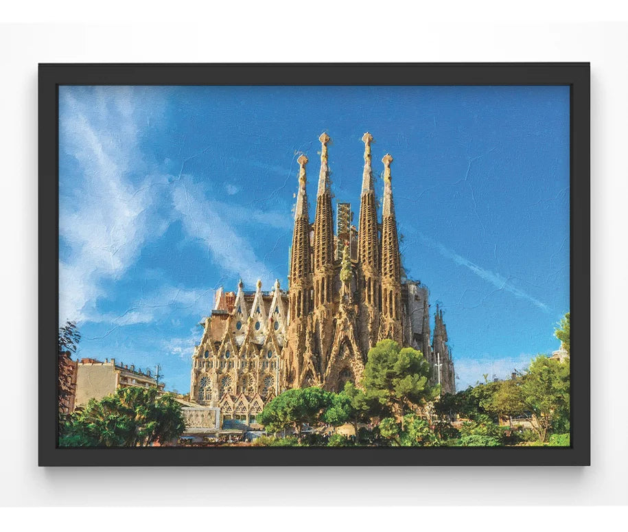 Stunning Sagrada Família basilica print with vibrant blue sky.
