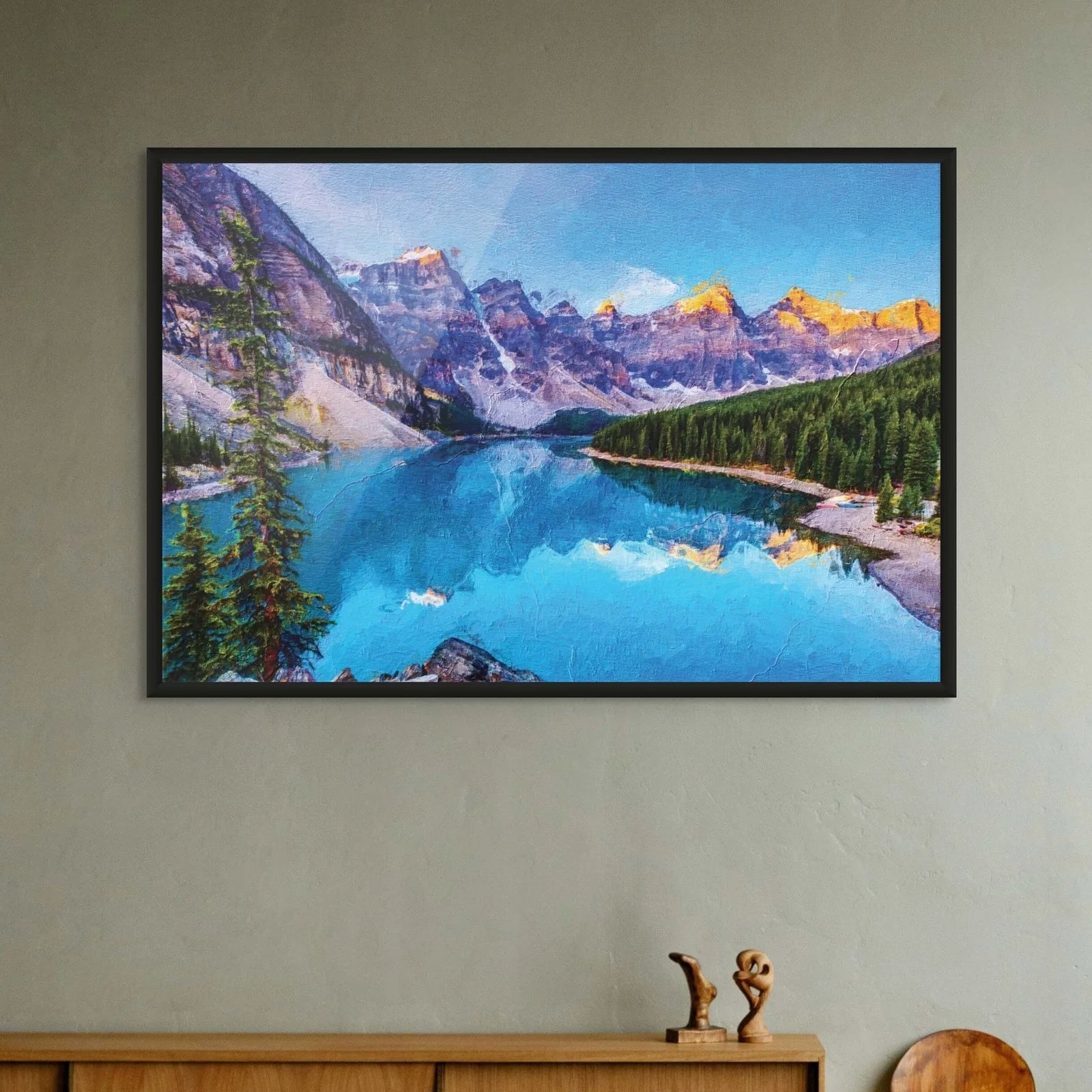 Serene landscape artwork featuring a reflective lake and lush coniferous forests.