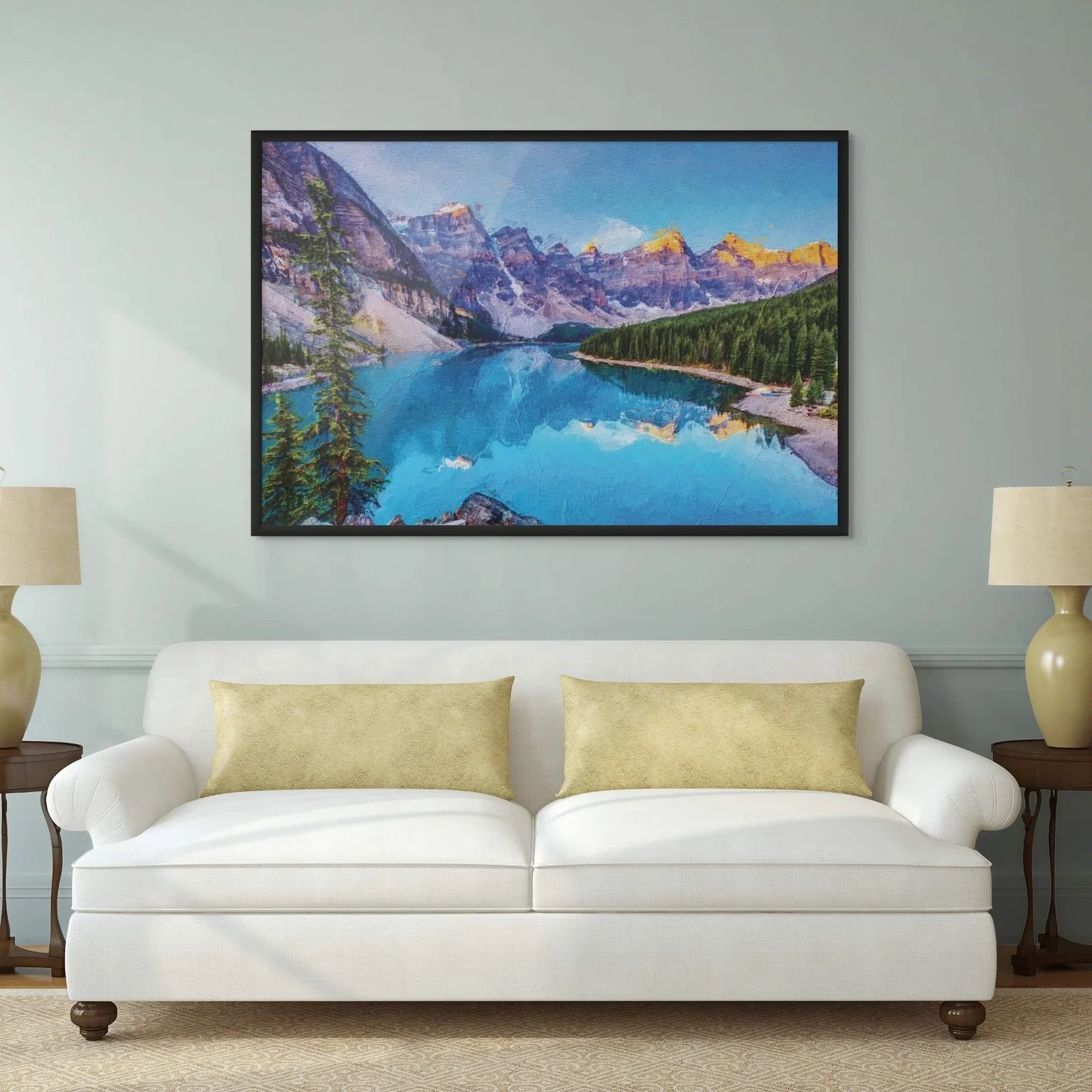 Impressionistic mountain scene with textured brushstrokes and tranquil dawn hues.