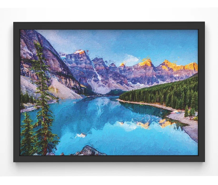 Painterly mountain lake art print with azure reflections and vibrant alpine peaks.