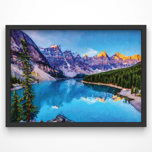 Painterly mountain lake art print with azure reflections and vibrant alpine peaks.