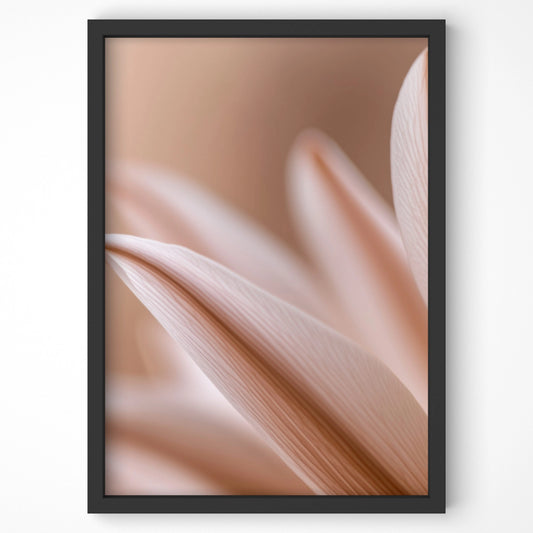 Soft lily botanical print featuring delicate beige and ivory hues, framed in black. A refined floral wall art piece for modern and minimalist interiors.