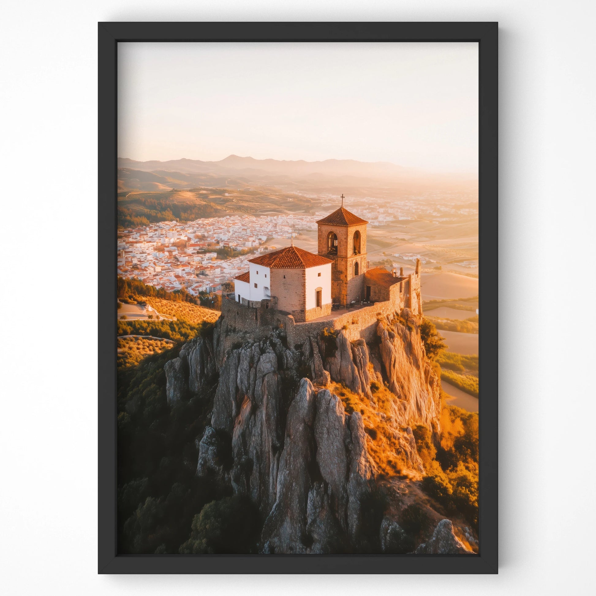 Historic church perched on rocky cliffs in warm sunset, travel wall art