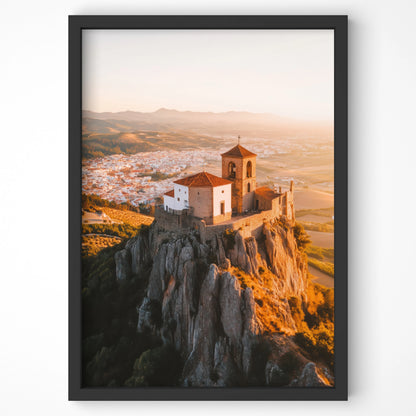 Historic church perched on rocky cliffs in warm sunset, travel wall art