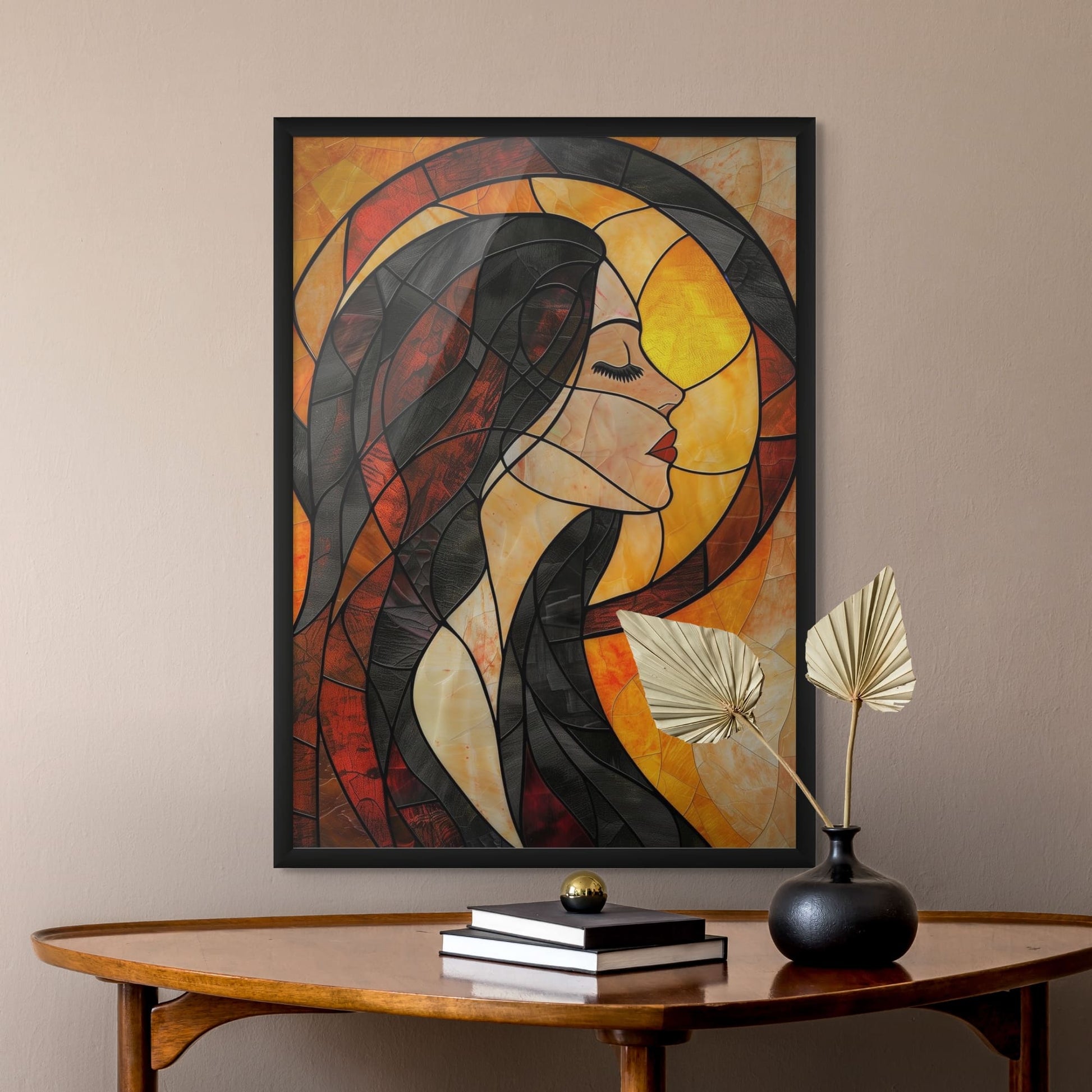 Vibrant stained glass print with geometric patterns and a female profile.