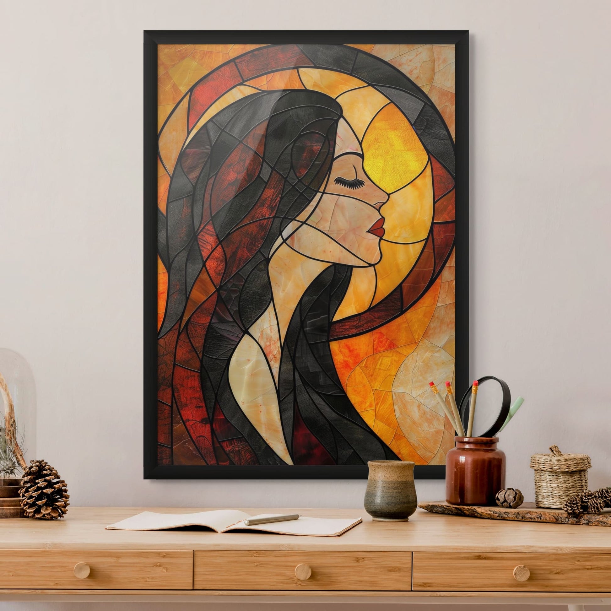 Abstract stained glass art with warm hues and a woman's silhouette.