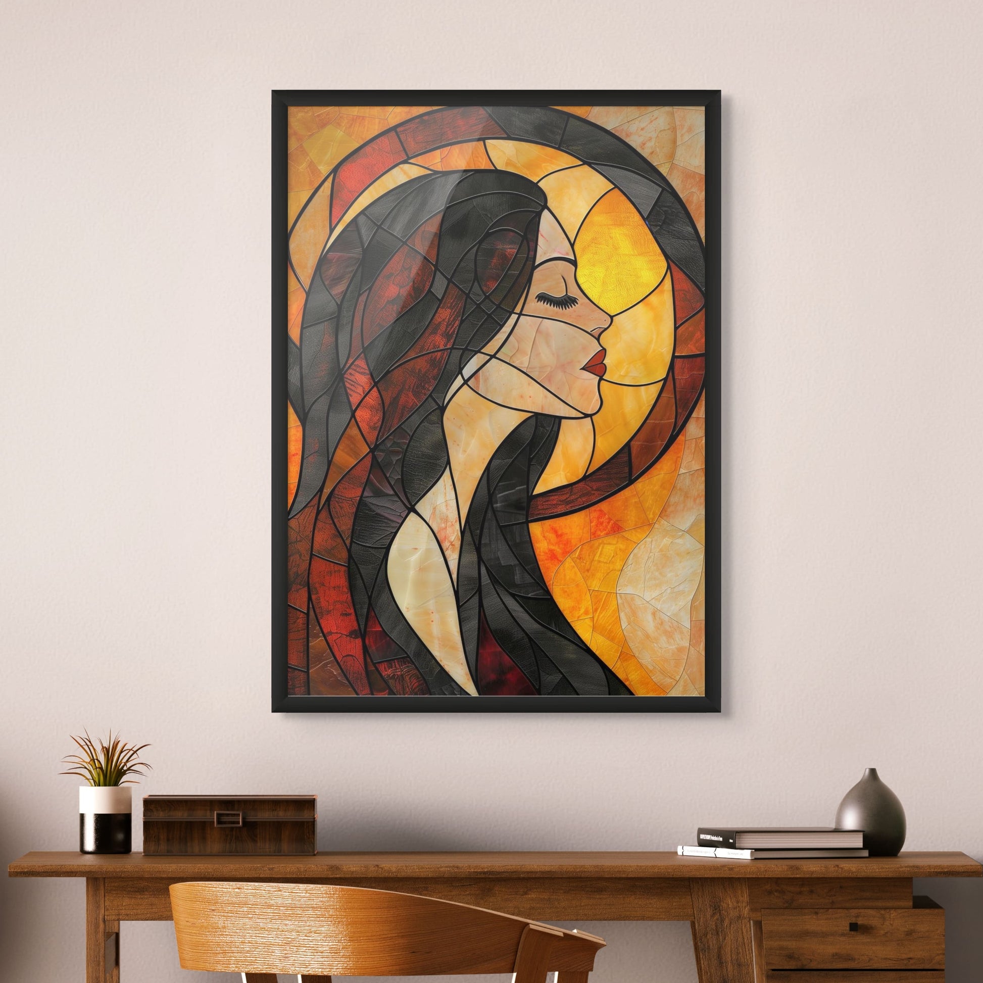 Colorful stained glass print highlighting a woman's profile and flowing hair